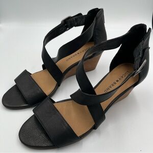 LUCKY BRAND Jenley Wedge Sandals Women’s Sz 8.5M Black Leather Open Toe Shoe